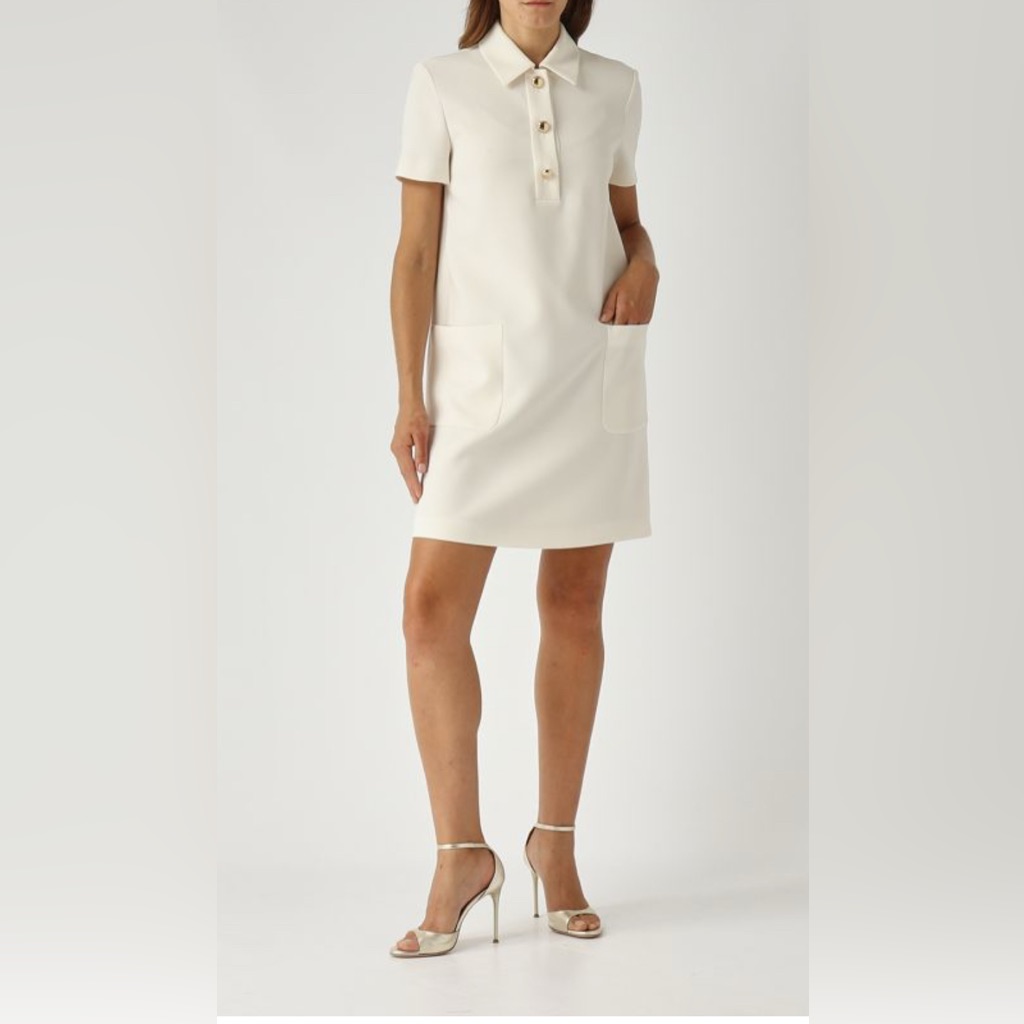 Maxmara Cream Shortsleeve Midi Shift Dress With Patch Pockets